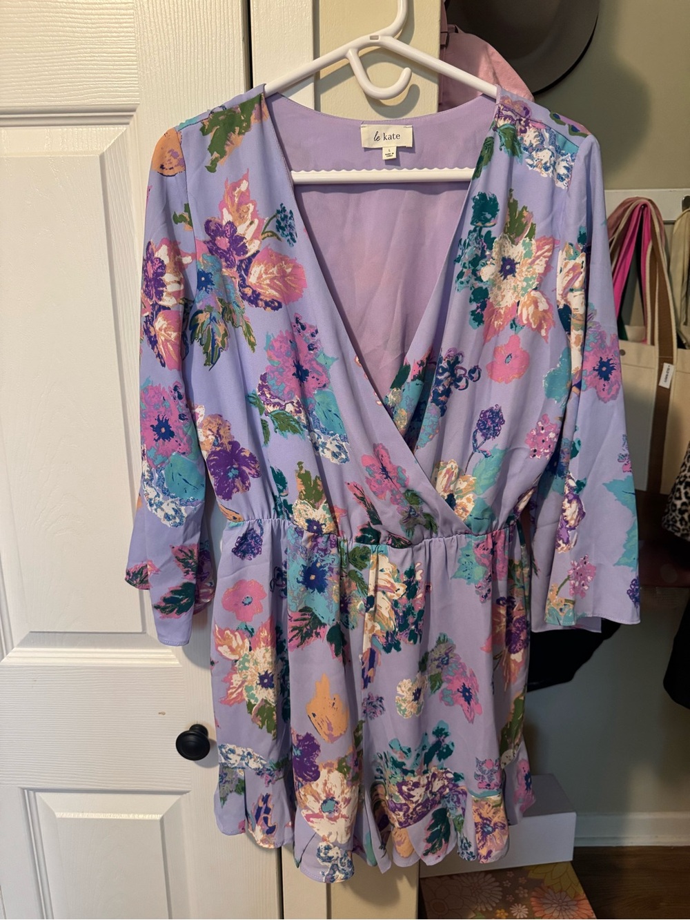 Le Kate Lavender Floral Wrap Romper Dress